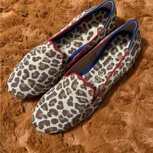 Rothy's Leopard Print Loafers with Red and Blue Accents